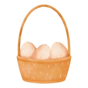 Wooden basket with eggs. Container with a handle, filled with fresh farm produce. Eggs make for a nutritious breakfast, rich in protein. Eco-friendly product. Watercolor isolated illustration.