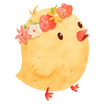 Fluffy, amusing chick saunters. A whimsical watercolor illustration features a bird with a crown of vibrant spring blooms. Perfect for evoking a playful and vibrant ambiance.