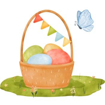 Watercolor composition a woven basket on a grassy meadow. Inside the basket are dyed eggs, adorned with a festive garland and a butterfly. for conveying the joy of spring and Easter. cards and prints.