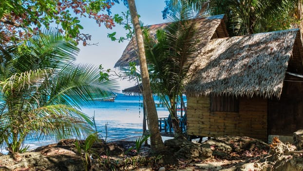 Wooden bungalow on the beach of Koh Wai Island Trat Thailand is a tinny tropical Island near Koh Chang. wooden bamboo hut bungalow on the beach