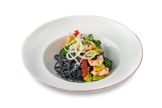 Black Italian seafood pasta with shrimps, cherry tomatoes and greens. Pasta with cuttlefish ink, cooked sea food macaroni.