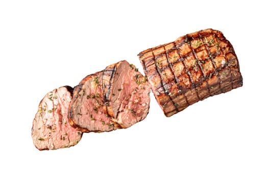 Sliced grilled beef tenderloin seasoned with salt, rosemary and thyme on white background