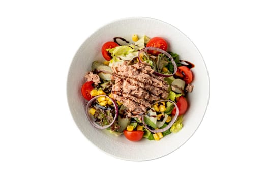 Healthy diet food tuna salad on white porcelain plate