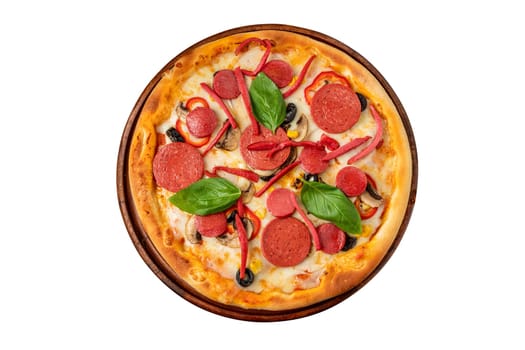 Mixed pizza with sausage, salami and mushrooms on white background