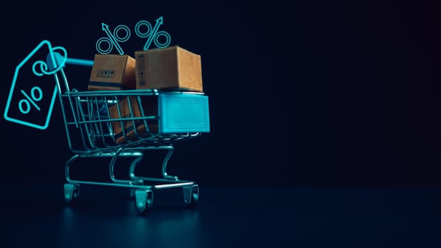 Shopping concept. Paper boxes in blue shopping cart with sale price tag on white background. online shopping consumers can shop from home and delivery service. with copy space.