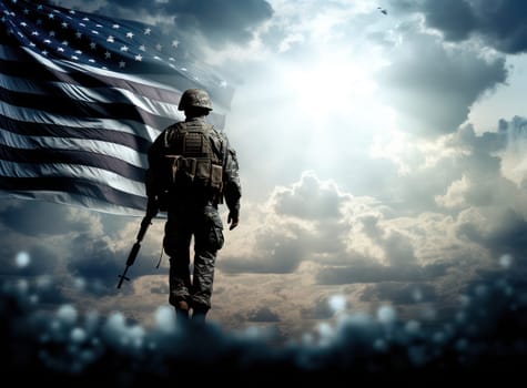 Silhouette of an American Soldier Honoring the Independence Day with a Salute, Against a Background of United States Flag