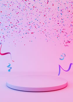 Round podium with falling confetti and neon light. Modern podium for product, cosmetic presentation. Mock up. Pedestal or platform for beauty products. Empty scene. Display, showcase. 3D rendering