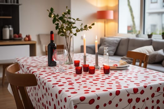 Romantic dinner with a red rose bouquet and candle. Generative AI.