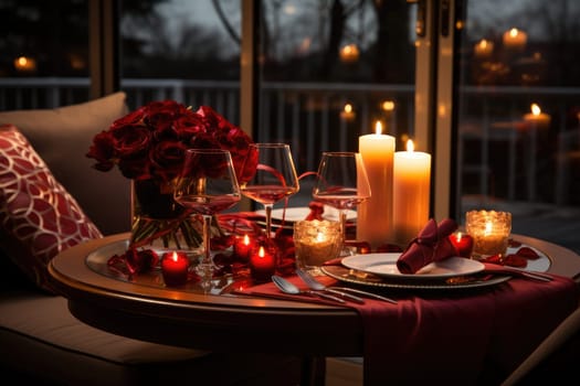 Romantic dinner with a red rose bouquet and candle. Generative AI.