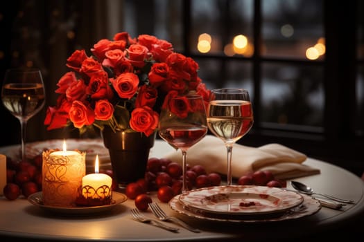 Romantic dinner with a red rose bouquet and candle. Generative AI.