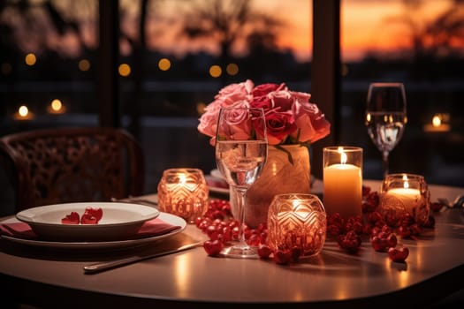 Romantic dinner with a red rose bouquet and candle. Generative AI.