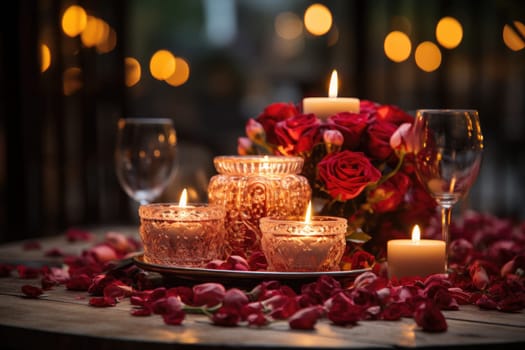 Romantic dinner with a red rose bouquet and candle. Generative AI.