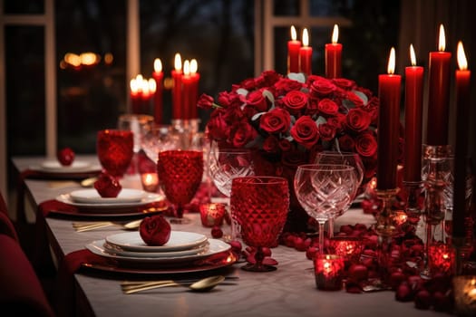 Romantic dinner with a red rose bouquet and candle. Generative AI.