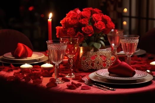 Romantic dinner with a red rose bouquet and candle. Generative AI.