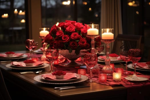 Romantic dinner with a red rose bouquet and candle. Generative AI.