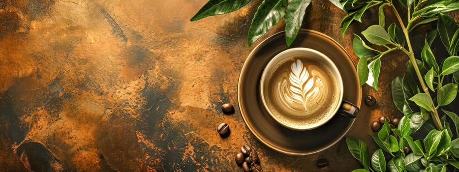 cup of coffee with a beautiful latte art leaf design on a rustic brown textured background, surrounded by green coffee leaves and a few scattered coffee beans, banner with copy space