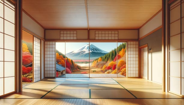 Empty room and wall and wooden floor with interesting. Japan style. Interior background for the presentation. Generative AI.