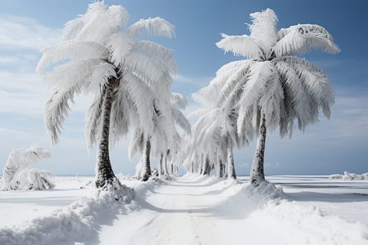 Palm trees are covered with snow.