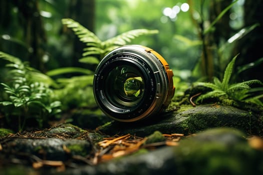 Camera lens in the forest among green plants.