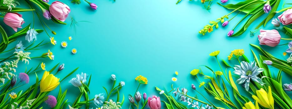 spring flowers arranged on a bright turquoise background, creating a fresh and lively border. The composition includes tulips, daisies, and other spring blooms, symbolizing the lively essence season
