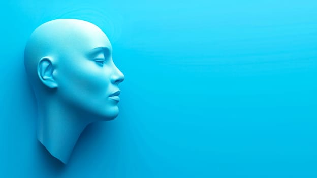 human-like mannequin head with a smooth surface, cast in a monochromatic blue tone that creates a calm and reflective atmosphere, suggesting themes of identity, anonymity, and modernity