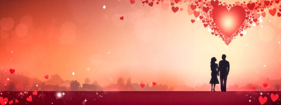 romantic scene with a silhouette of a couple in love, set against a backdrop of a warm, glowing heart amidst a sea of smaller hearts, creating an atmosphere of affection and celebration of love