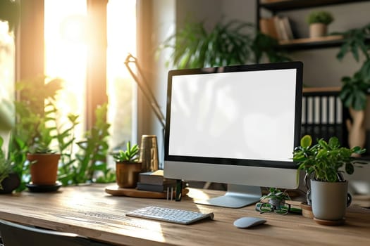 Modern workspace mockup with blank screen computer. Generative AI.