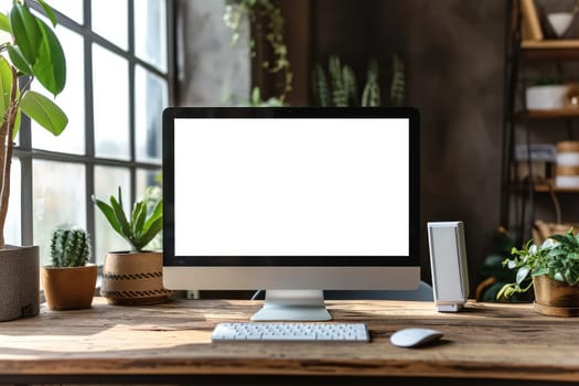 Modern workspace mockup with blank screen computer. Generative AI.