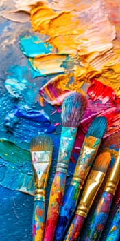 paintbrushes with vibrant, colorful bristles resting on a palette rich with thick, textured strokes of paint in a spectrum of colors, illustrating the beauty and chaos of the creative process in ar