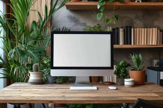 Modern workspace mockup with blank screen computer. Generative AI.