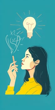 woman in profile, gazing thoughtfully at a light bulb symbolizing an idea, with a pencil poised at her temple, suggesting the concept of inspiration, creativity, and the birth of new ideas