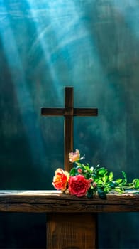 wooden cross with a serene beam of light illuminating it from above, accompanied by vibrant flowers at its base, conveying a message of hope, faith, and renewal