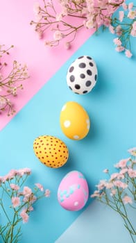 Easter composition in a minimalist style, with pastel-colored eggs adorned with various patterns, set against a split pink and blue background, delicate pink flowers, springtime atmosphere