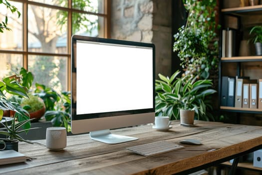 Modern workspace mockup with blank screen computer. Generative AI.