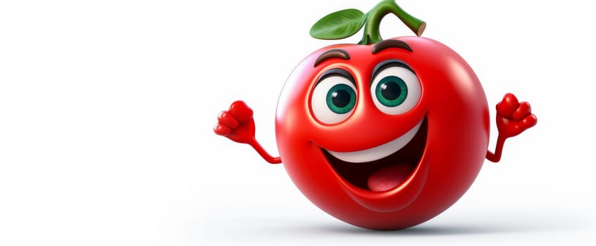 Red tomato with a cheerful face 3D on a white background. Cartoon characters, three-dimensional character, healthy lifestyle, proper nutrition, diet, fresh vegetables and fruits, vegetarianism, veganism, food, breakfast, fun, laughter, banner