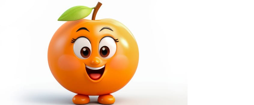 Orange Apricot with a cheerful face 3D on a white background. Cartoon characters, three-dimensional character, healthy lifestyle, proper nutrition, diet, fresh vegetables and fruits, vegetarianism, veganism, food, breakfast, fun, laughter, banner