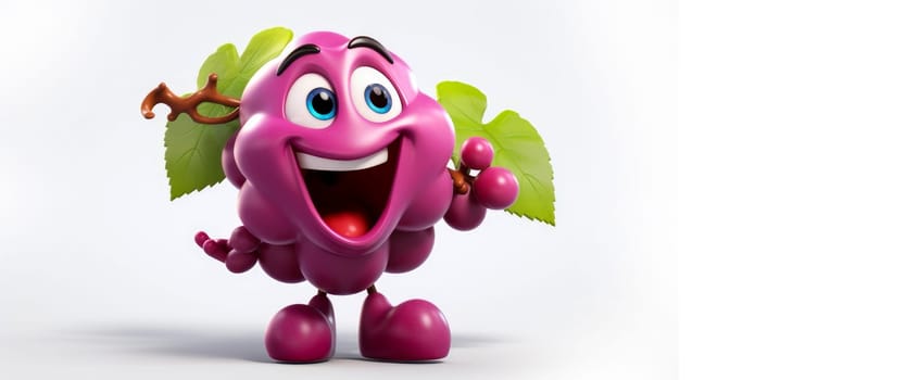 Grapes with a cheerful face 3D on a white background. Cartoon characters, three-dimensional character, healthy lifestyle, proper nutrition, diet, fresh vegetables and fruits, vegetarianism, veganism, food, breakfast, fun, laughter, banner