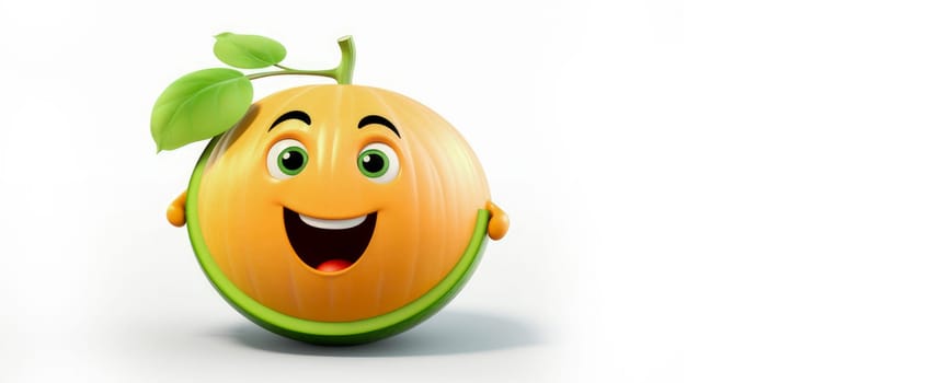 Melon with a cheerful face 3D on a white background. Cartoon characters, three-dimensional character, healthy lifestyle, proper nutrition, diet, fresh vegetables and fruits, vegetarianism, veganism, food, breakfast, fun, laughter, banner