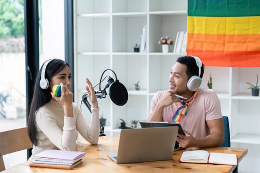 Podcaster is interviewing a guest about the content topic of LGBTQIA. Podcast concept.