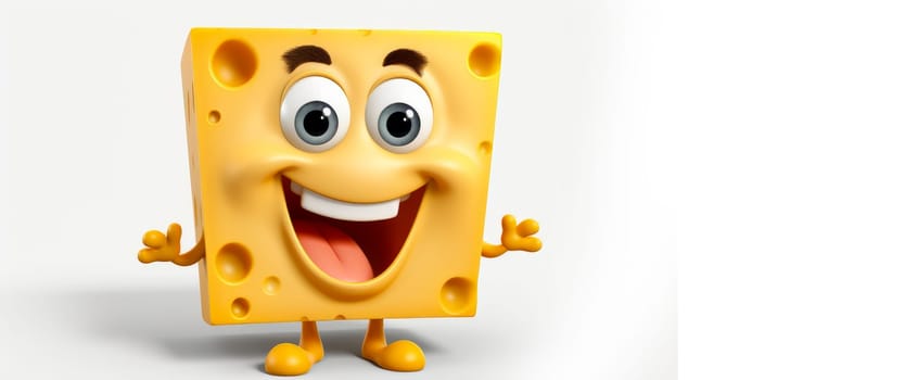 Cheese with a cheerful face 3D on a white background. Cartoon characters, three-dimensional character, healthy lifestyle, proper nutrition, diet, fresh vegetables and fruits, vegetarianism, veganism, food, breakfast, fun, laughter, banner