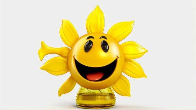 Sunflower oil drop with a cheerful face 3D on a white background. Cartoon characters, three-dimensional character, healthy lifestyle, proper nutrition, diet, fresh vegetables and fruits, vegetarianism, veganism, food, breakfast, fun, laughter, banner