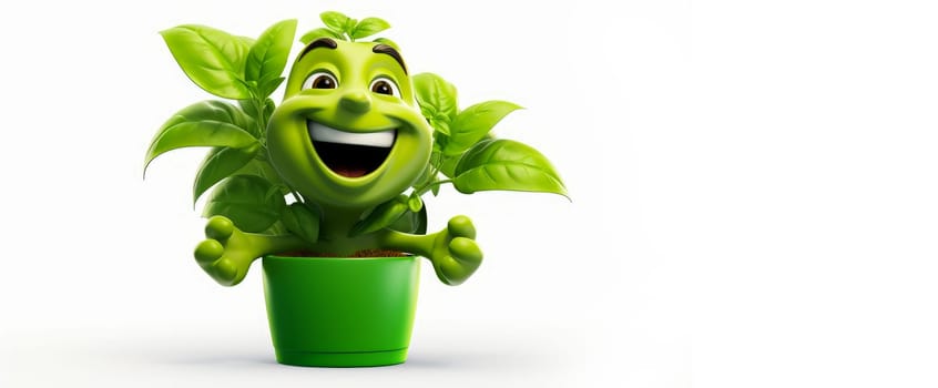 Basil with a cheerful face 3D on a white background. Cartoon characters, three-dimensional character, healthy lifestyle, proper nutrition, diet, fresh vegetables and fruits, vegetarianism, veganism, food, breakfast, fun, laughter, banner