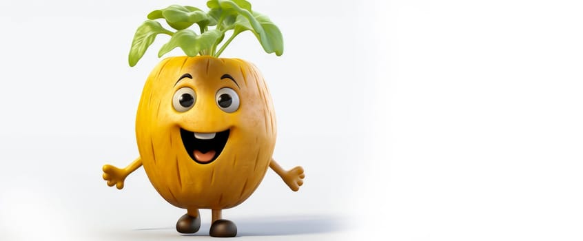 Rutabaga with a cheerful face 3D on a white background. Cartoon characters, three-dimensional character, healthy lifestyle, proper nutrition, diet, fresh vegetables and fruits, vegetarianism, veganism, food, breakfast, fun, laughter, banner