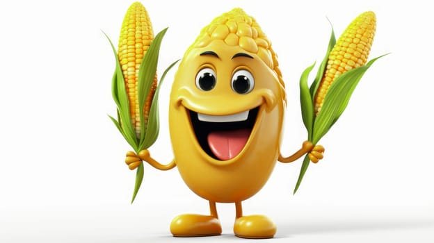 Corn with a cheerful face 3D on a white background. Cartoon characters, three-dimensional character, healthy lifestyle, proper nutrition, diet, fresh vegetables and fruits, vegetarianism, veganism, food, breakfast, fun, laughter, banner