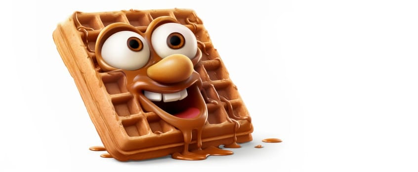 Viennese waffles with a cheerful face 3D on a white background. Cartoon characters, three-dimensional character, healthy lifestyle, proper nutrition, diet, fresh vegetables and fruits, vegetarianism, veganism, food, breakfast, fun, laughter, banner