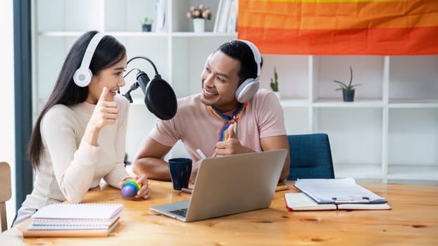 Podcaster is interviewing a guest about the content topic of LGBTQIA. Podcast concept.