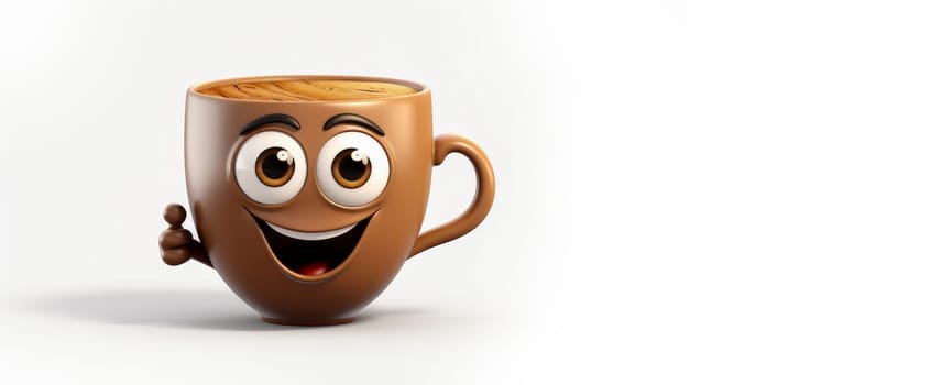 Coffee with a cheerful face 3D on a white background. Cartoon characters, three-dimensional character, healthy lifestyle, proper nutrition, diet, fresh vegetables and fruits, vegetarianism, veganism, food, breakfast, fun, laughter, banner