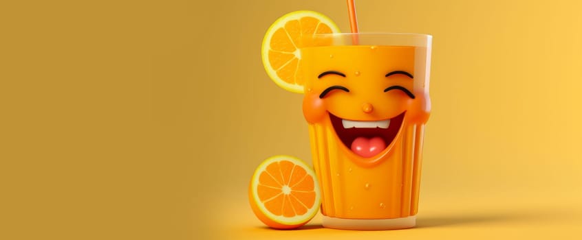 Glass of orange juice with a cheerful face 3D on background. Cartoon characters, three-dimensional character, healthy lifestyle, proper nutrition, diet, fresh vegetables and fruits, vegetarianism, veganism, food, breakfast, fun, laughter, banner