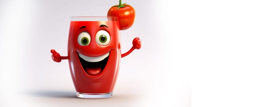 glass of tomato juice with a cheerful face 3D on white background. Cartoon characters, three-dimensional character, healthy lifestyle, proper nutrition, diet, fresh vegetables and fruits, vegetarianism, veganism, food, breakfast, fun laughter, banner