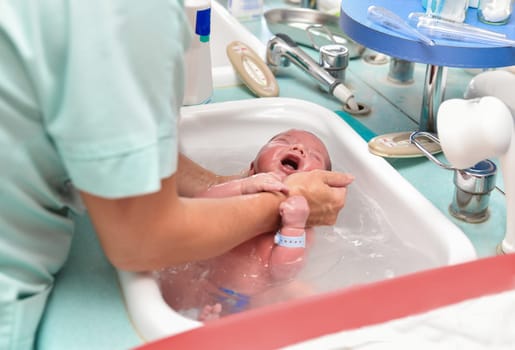 A nurse gives the first bath of a newborn baby